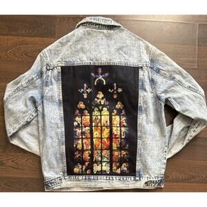 Forever 21 Alphonse Mucha Stained Glass Acid Wash Blue Jean Denim Jacket Mens M